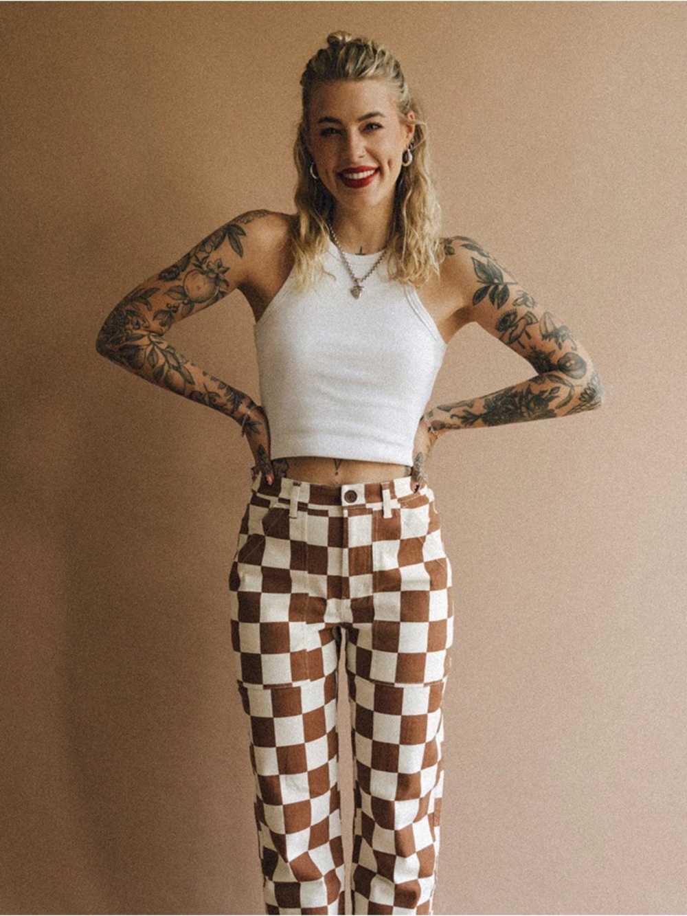 Checkered Straight-Leg Pants in Brown & White